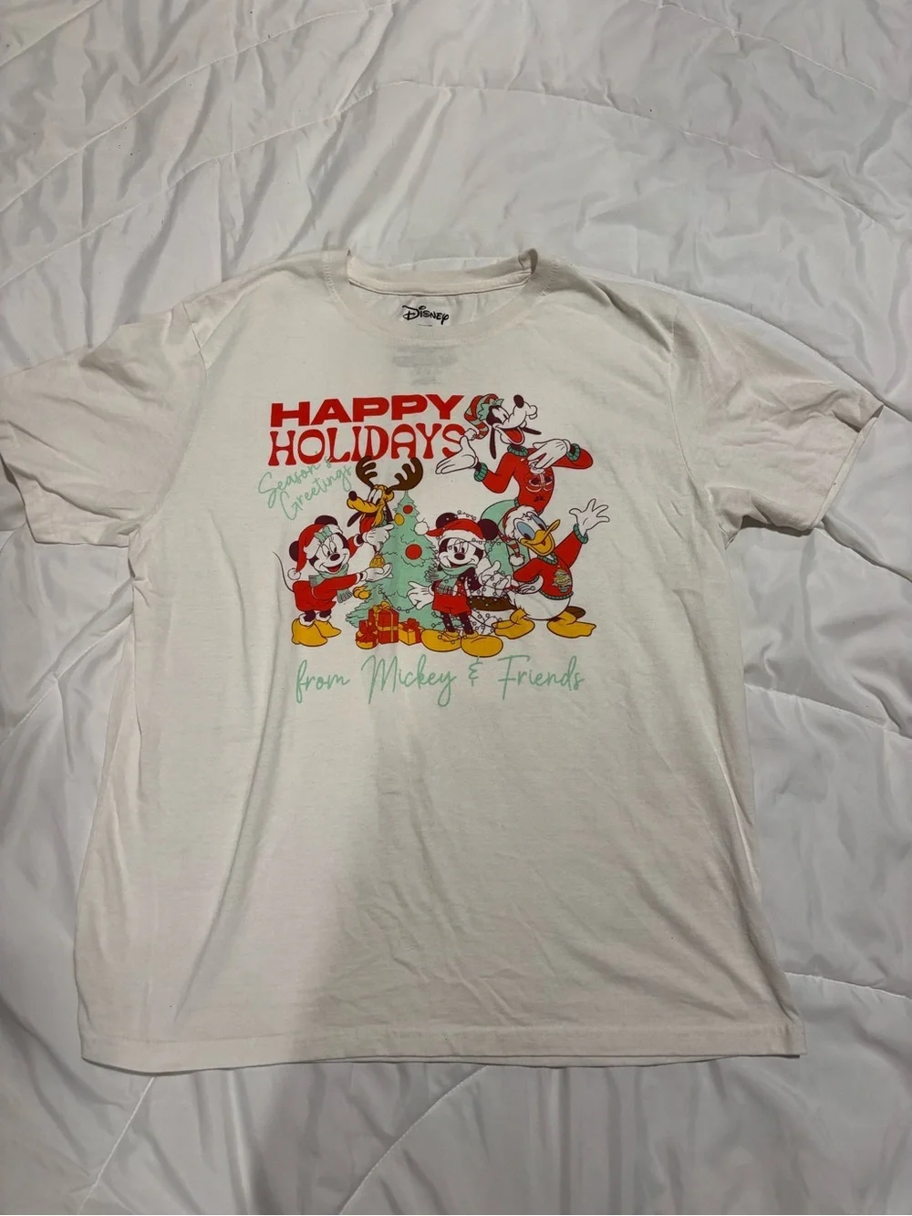Disney White Holiday Mickey & Friends Graphic Tee with Red and Green Accents XL